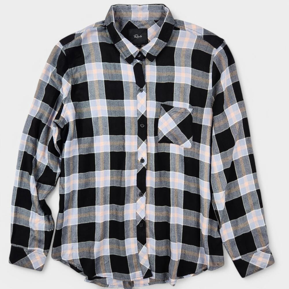 Rails Women's Hunter Plaid Button-Up Shirt Size Large Onyx Perwinkle Blush Rayon